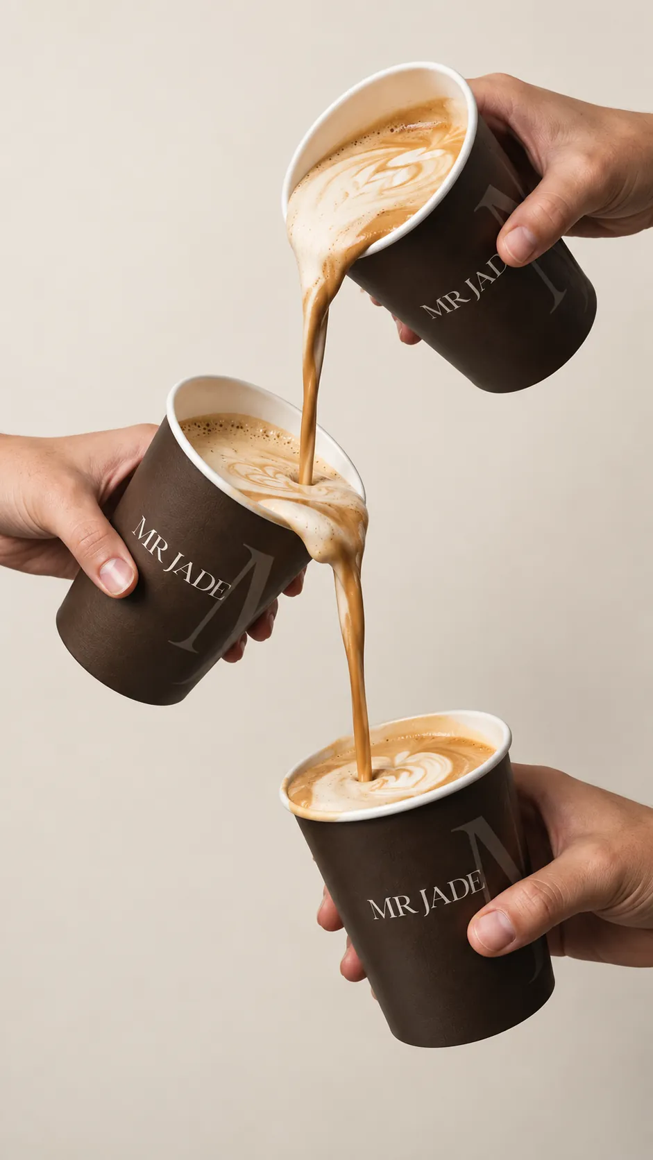 Latte poured between three MRJADE takeaway cups
