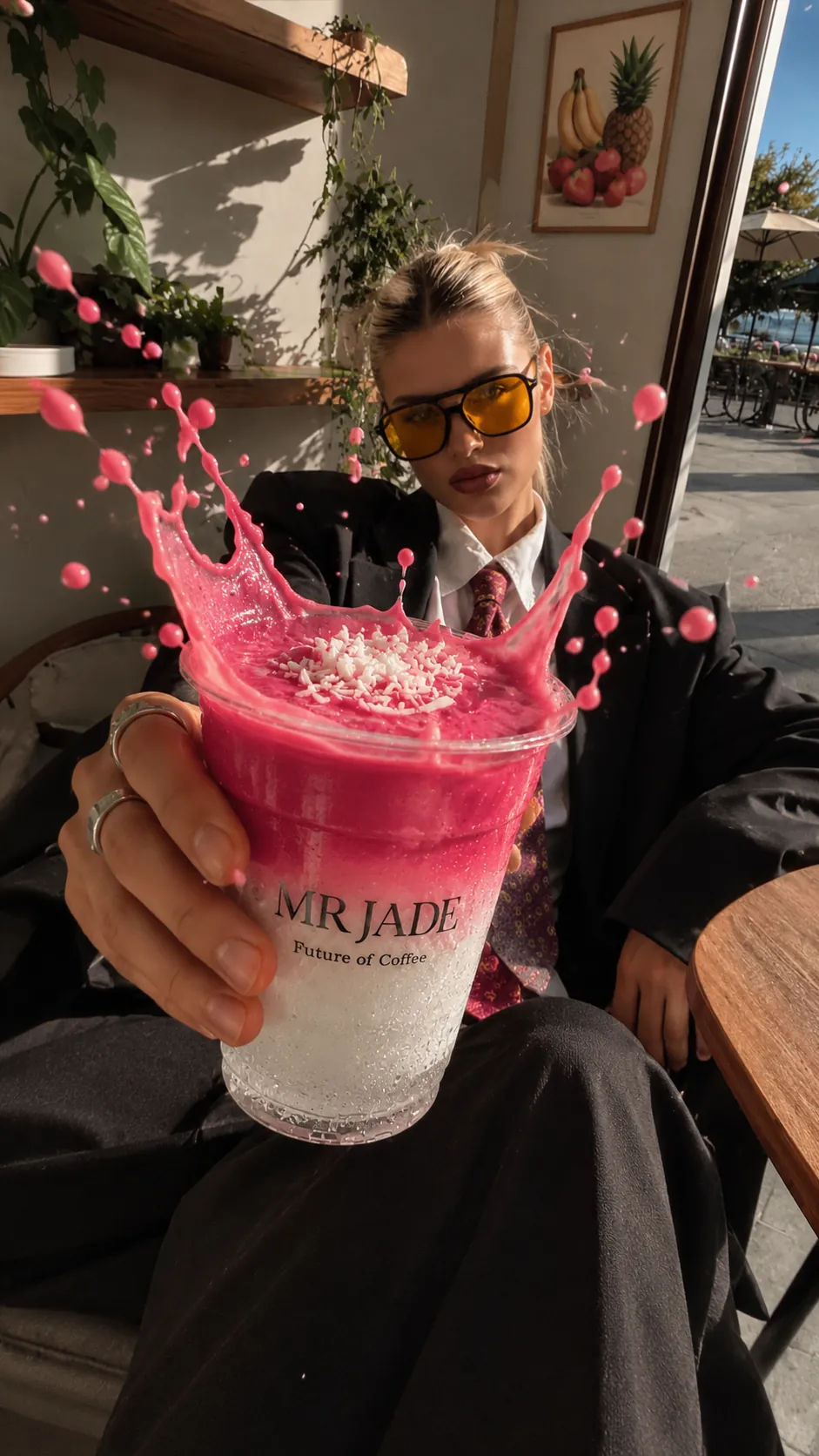 MRJADE pink iced drink with coconut flakes splashing from the cup