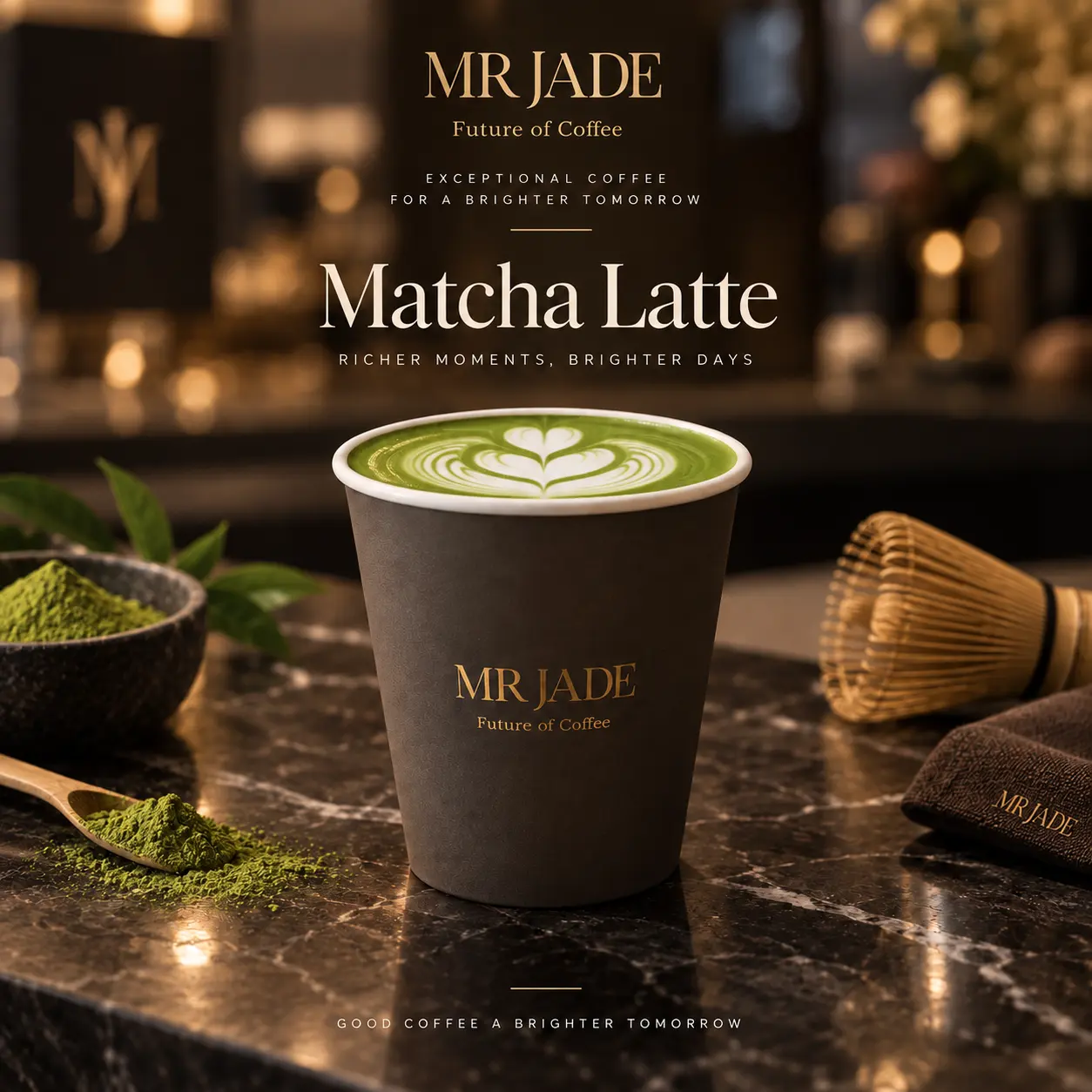 Hot Matcha Latte at MRJADE Coffee Downtown Dubai