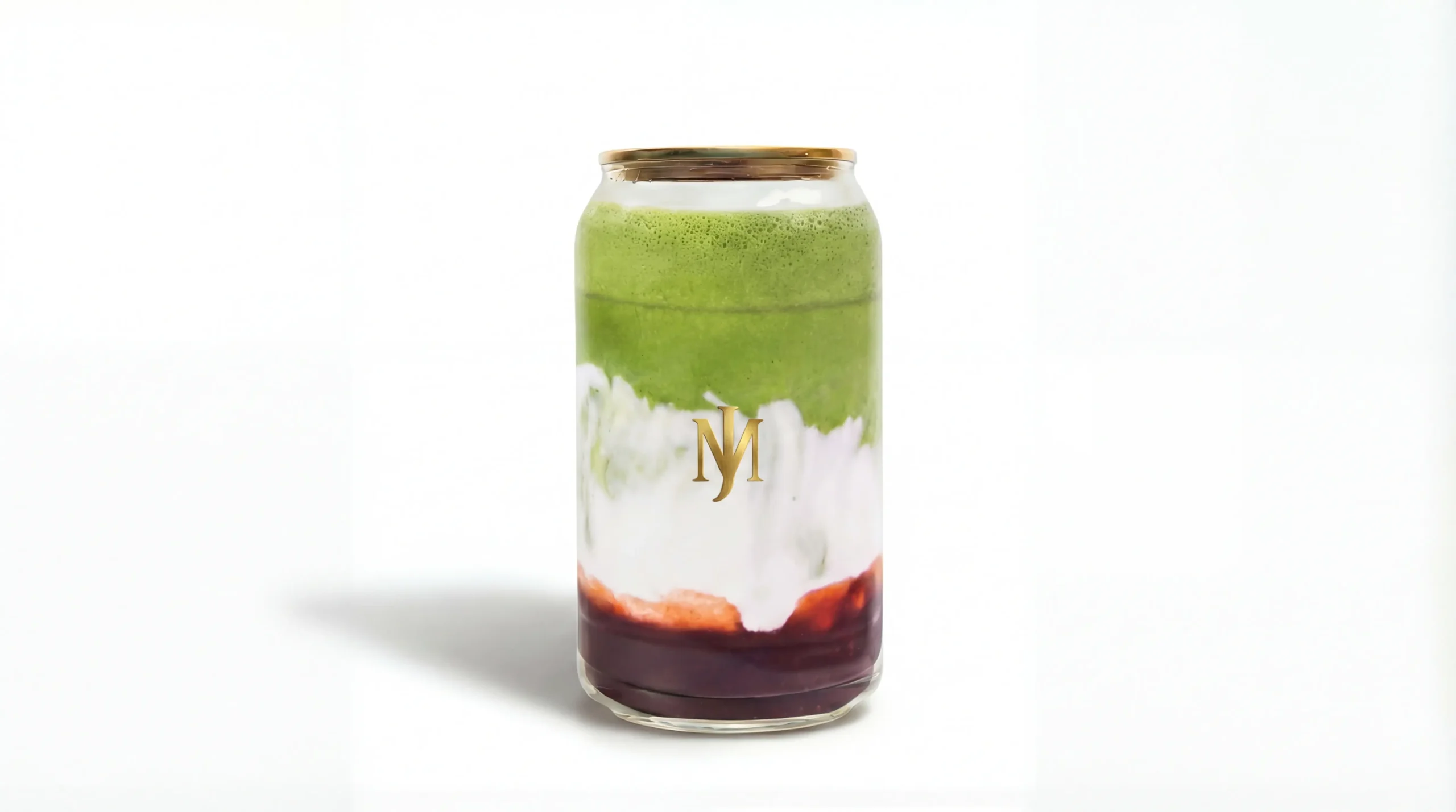 Strawberry Iced Matcha Latte with pink strawberry layer and green matcha at MRJADE Coffee, Downtown Dubai