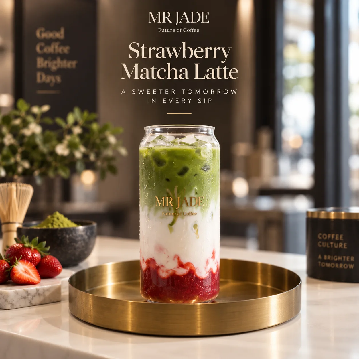 Strawberry matcha latte, one of MRJADE's signature matcha drinks