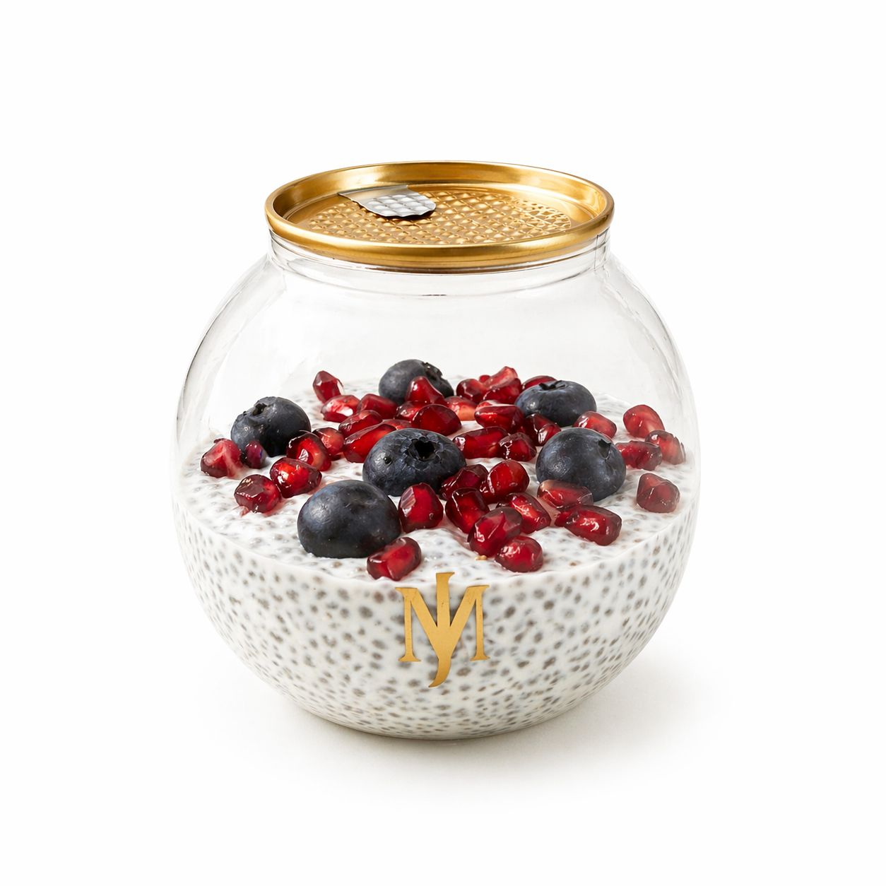 Berry chia cup in a gold-lid MRJADE glass jar