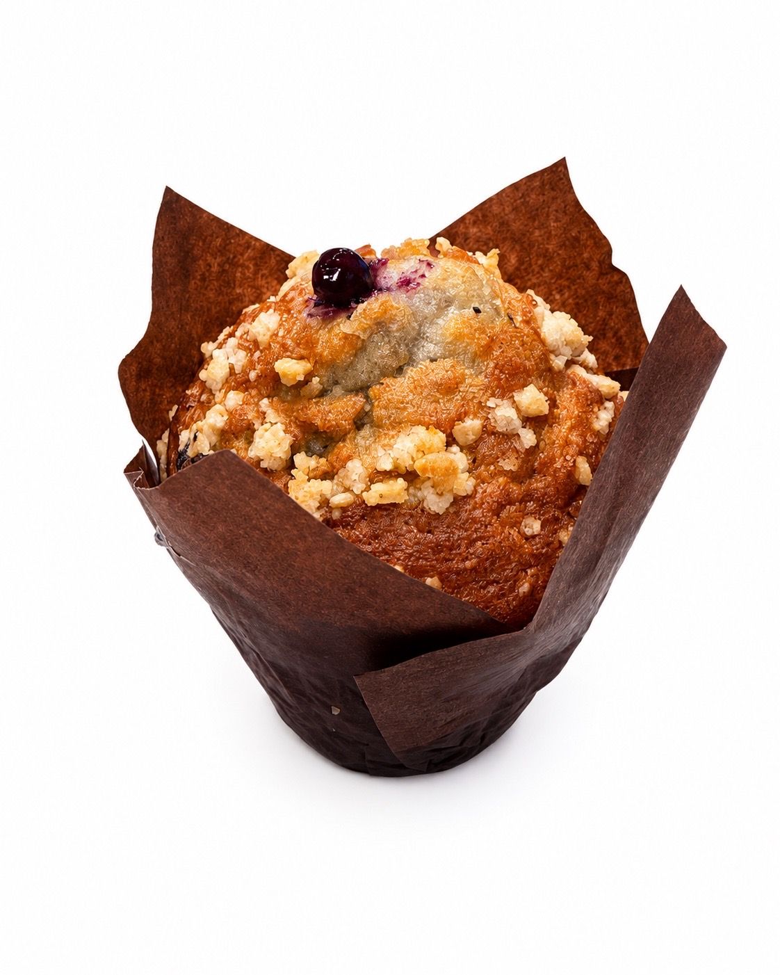 Blueberry muffin with crumble topping in a brown tulip paper case