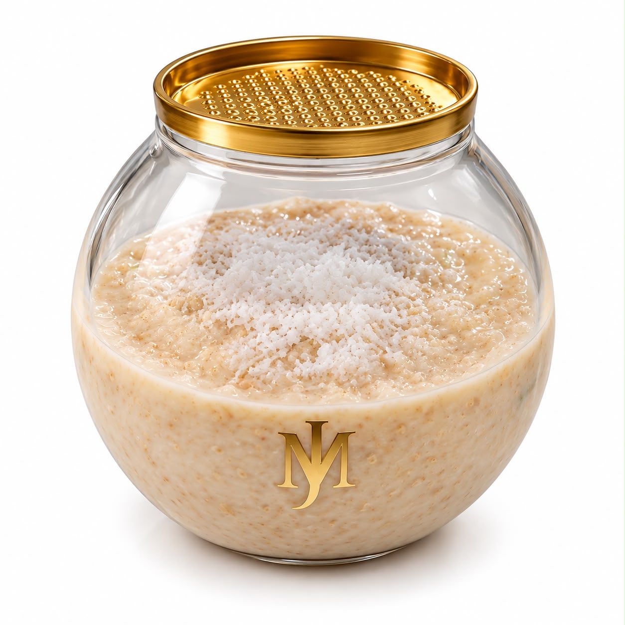 Creamy overnight oats topped with coconut in a gold-lid MRJADE glass jar